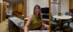 Capa de notícia formada por três fotografias verticais. Da esquerda para a direita: fotografia que mostra plano geral de uma sala com mesas, cadeiras, armários; fotografia que mostra uma mulher sentada e sorrindo levemente para a câmera e fotografia que focaliza uma mesa da sala da primeira fotografia. Fim da descrição.